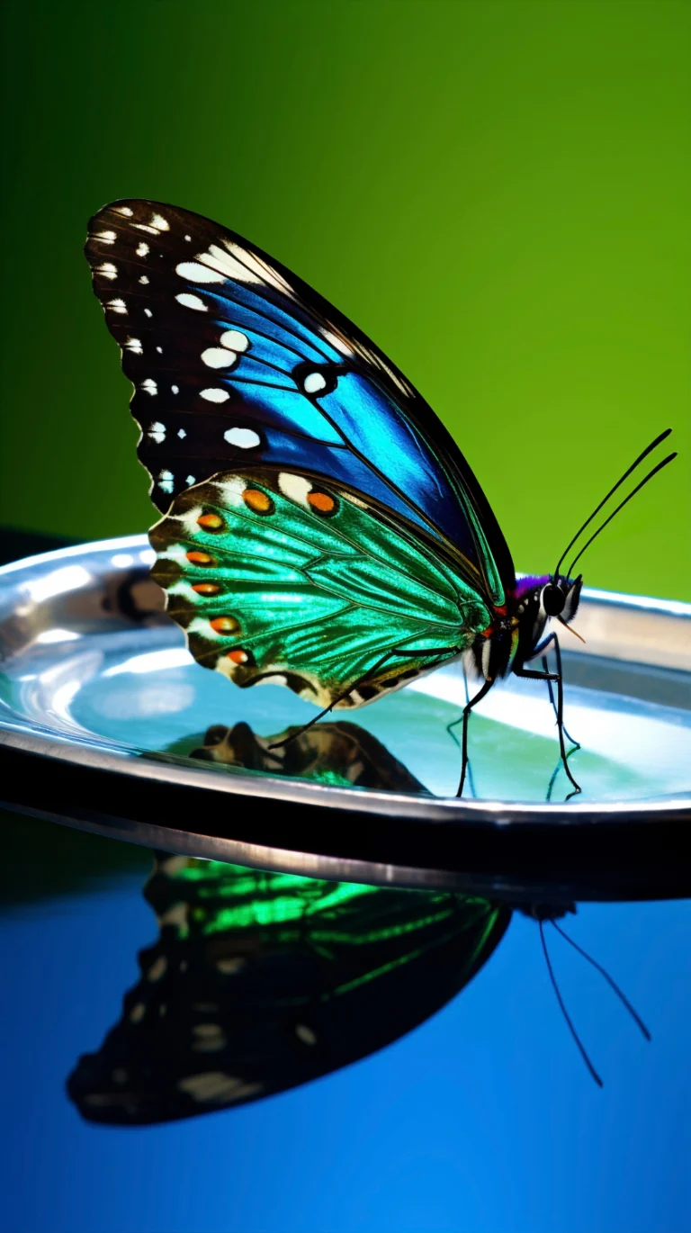 Papillon bleu-vert sur une assiette en métal